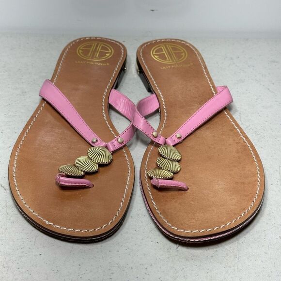 Lilly Pulitzer via Palm Beach Pink Leather Thong Sandals w/Gold Shells - Sz 10M - Picture 3 of 7